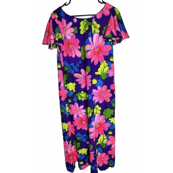 Authentic Vintage Hawaiian Dress 60’s 70’s Psychedelic Maxi Tropical Barkcloth M - Picture 1 of 12